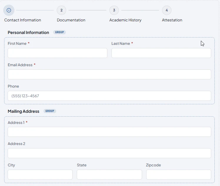 AIRLIFT Forms builder showing four enrollment steps and grouped contact and address fields.