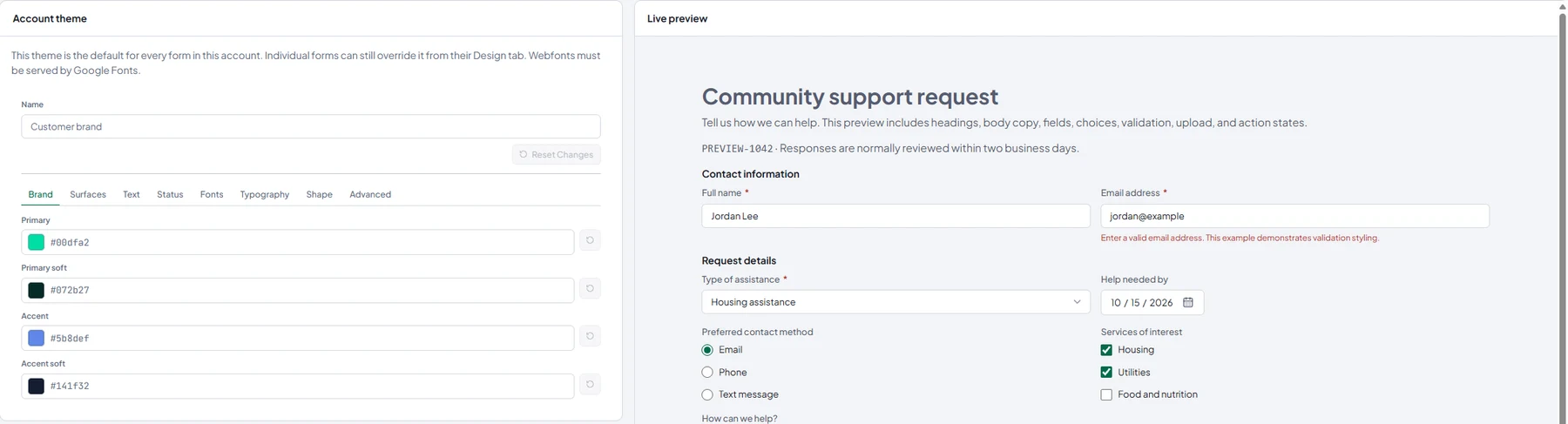AIRLIFT Forms account theme settings showing reusable primary and accent color controls.