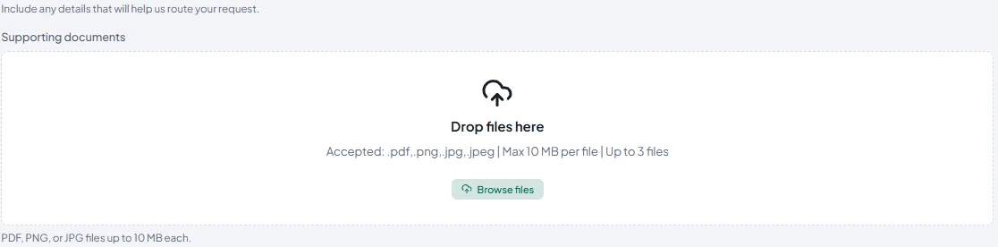 Supporting documents field with drag-and-drop upload, a Browse files button, and example limits of PDF, PNG, or JPEG files up to 10 MB each and three files.